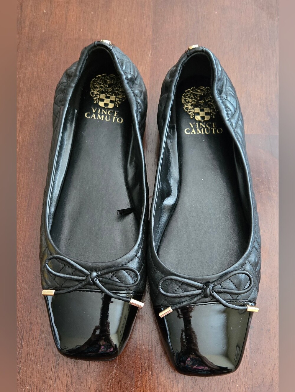 Vince Camuto Black Quilted Ballet Flats with Patent Toe and Bow